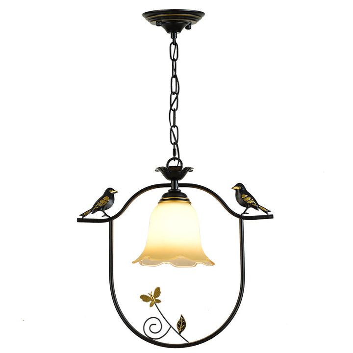 Traditionelle Vintage Eisenring Vogel Dekor Blume Glasschirm 1-Licht Pendelleuchte für Wohnzimmer 
