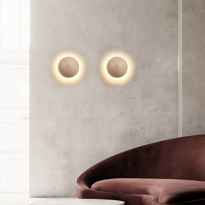 مصباح حائطي LED دائري ياباني تقليدي من الترافرتين الأصفر بأسلوب وابي-سابي للممر 