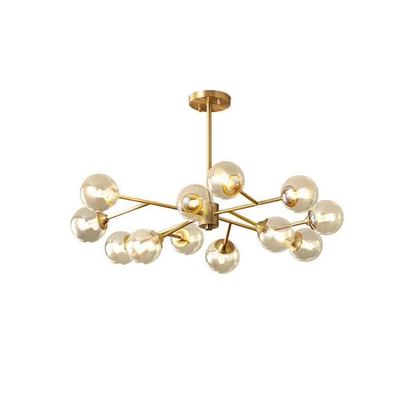 Lustre moderne de style mi-siècle avec cadre en laiton et abat-jour en verre moléculaire à 6/9/12/15 lumières pour salon 