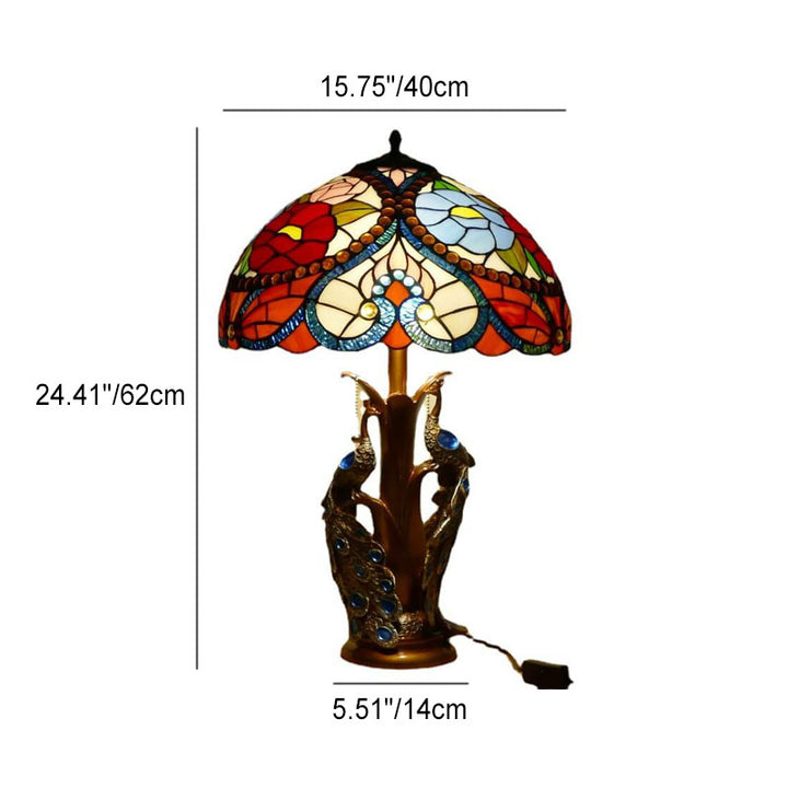 Traditional Tiffany Stained Glass Resin Dome Peacock Base 2-Light Table Lamp For Bedroom