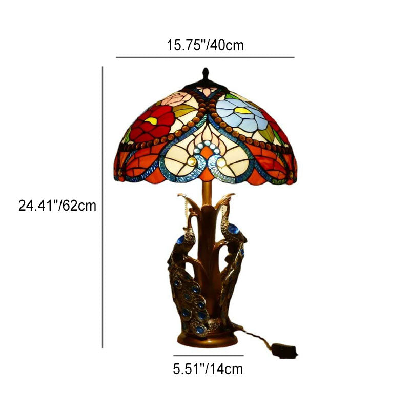 Vintage Tiffany Stained Glass Dome Peacock Base 2-Light Table Lamp