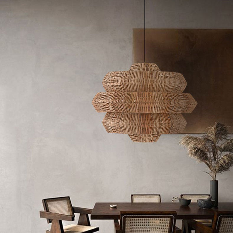 Zeitgenössischer Boho-Kronleuchter mit mehrschichtigem, rundem Rattan-Gewebe und 1 Licht für das Wohnzimmer 