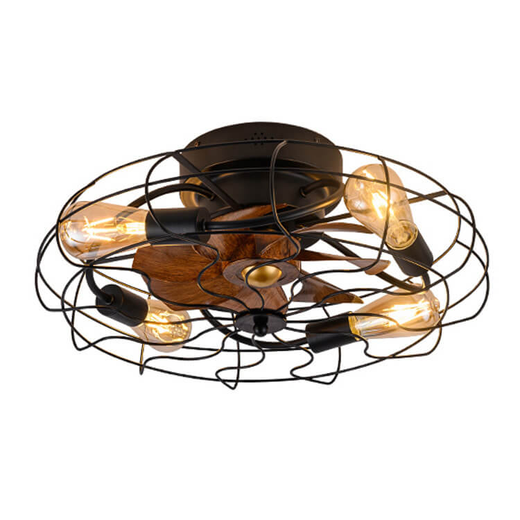 Industrial Vintage Wood Grain Drum Cage Design 3-Light Flush Mount Ceiling Fan Light