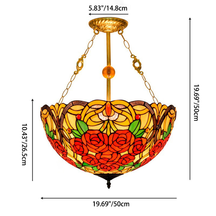 Traditioneller Tiffany-Buntglas-Rosenblumen-Eisen-3-Licht-Kronleuchter für das Wohnzimmer 