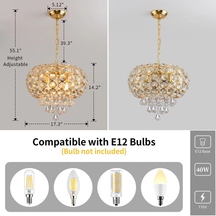 Lustre traditionnel de luxe rond en fer avec cristaux à 4 lumières pour salon 