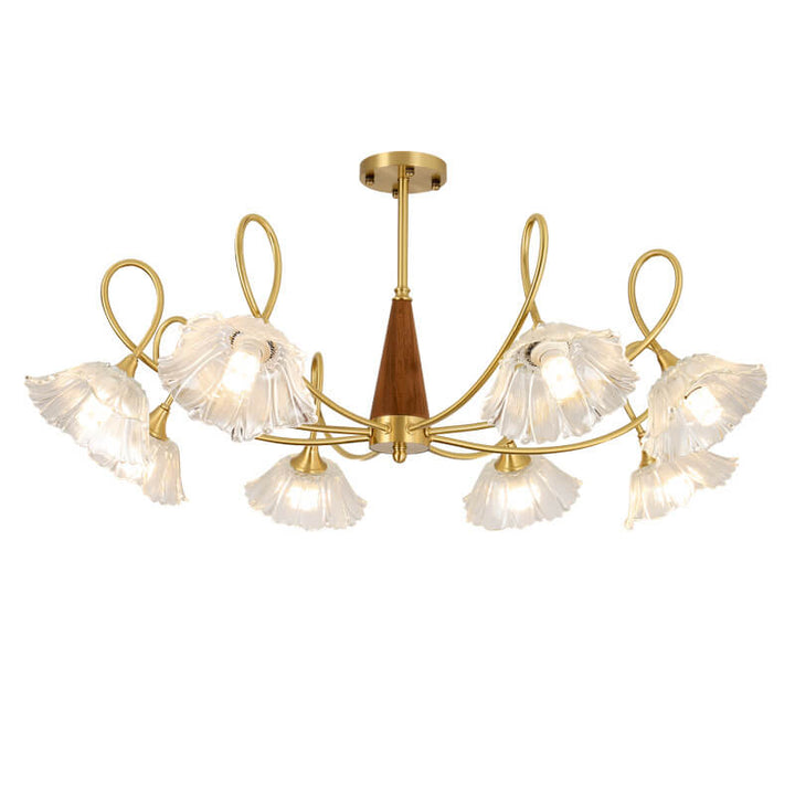 Lámpara de araña tradicional vintage de vidrio floral, madera y cobre con ramas de cristal de 3/6/8 luces para sala de estar 