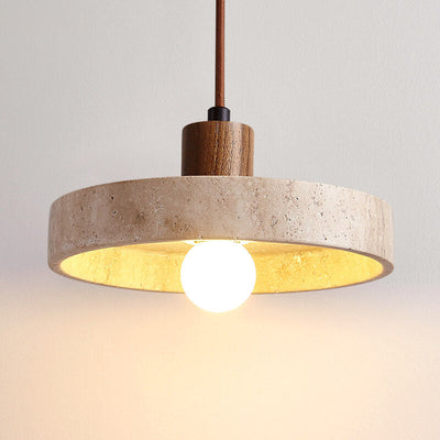 Japanese Minimalist Solid Wood Disc Yellow Travertine Base 1-Light Pendant Light