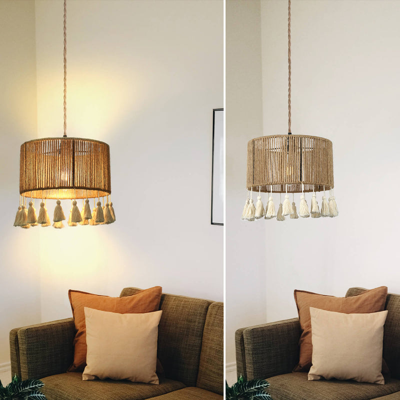 Moderne Küsten-Pendelleuchte mit runder Quaste aus Hanfseil und Rattan, 1 Licht, für Schlafzimmer 