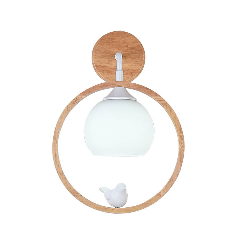 Japanese Harajuku Solid Wood Circle Ring Bird Decor 1-Light Wall Sconce Lamp