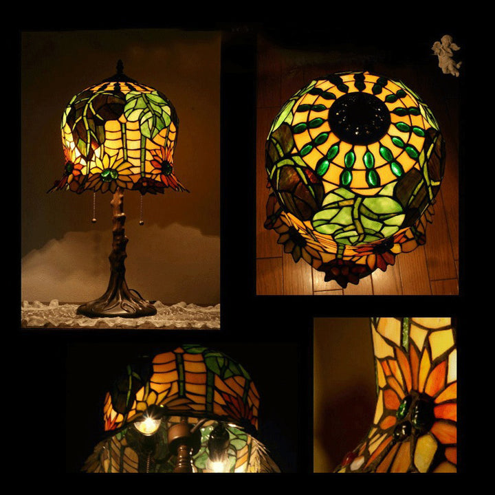 Lampe de table à 2 lumières en verre et fer avec motif de tournesol de style Tiffany traditionnel pour chambre 