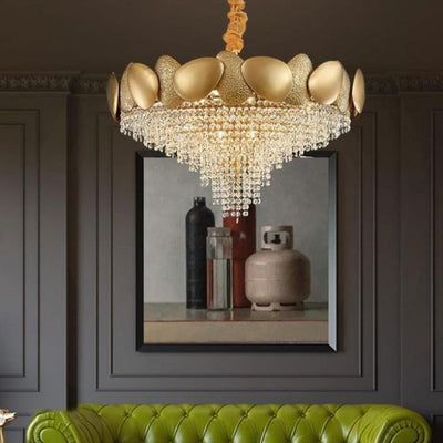 Lustre moderne de luxe en acier inoxydable avec cadre en titane et perles de cristal à 11/15 lumières pour salon 