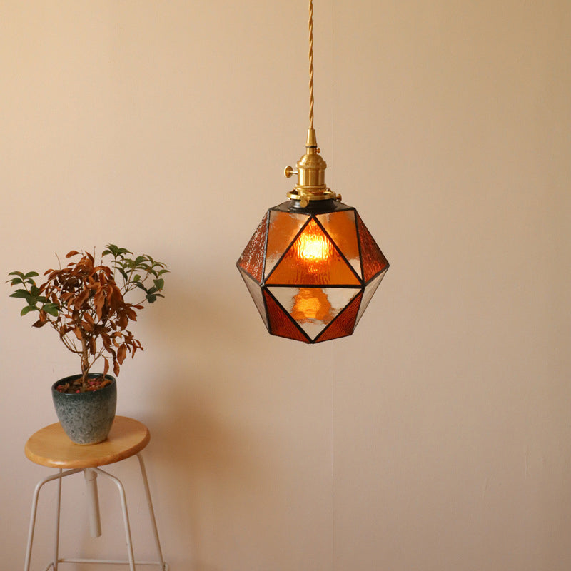 Traditionelle Vintage polygonale Messing Buntglas 1-Licht Pendelleuchte für Wohnzimmer 