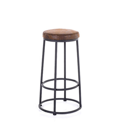 Tabouret de bar sans dossier en bois massif rond industriel contemporain avec cadre en fer et repose-pieds pour salle à manger 