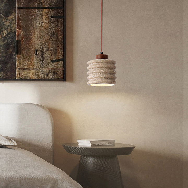 Lustre Suspendu 1 Lumière en Bois Massif Travertin Cylindre Vintage Traditionnel pour Chambre 