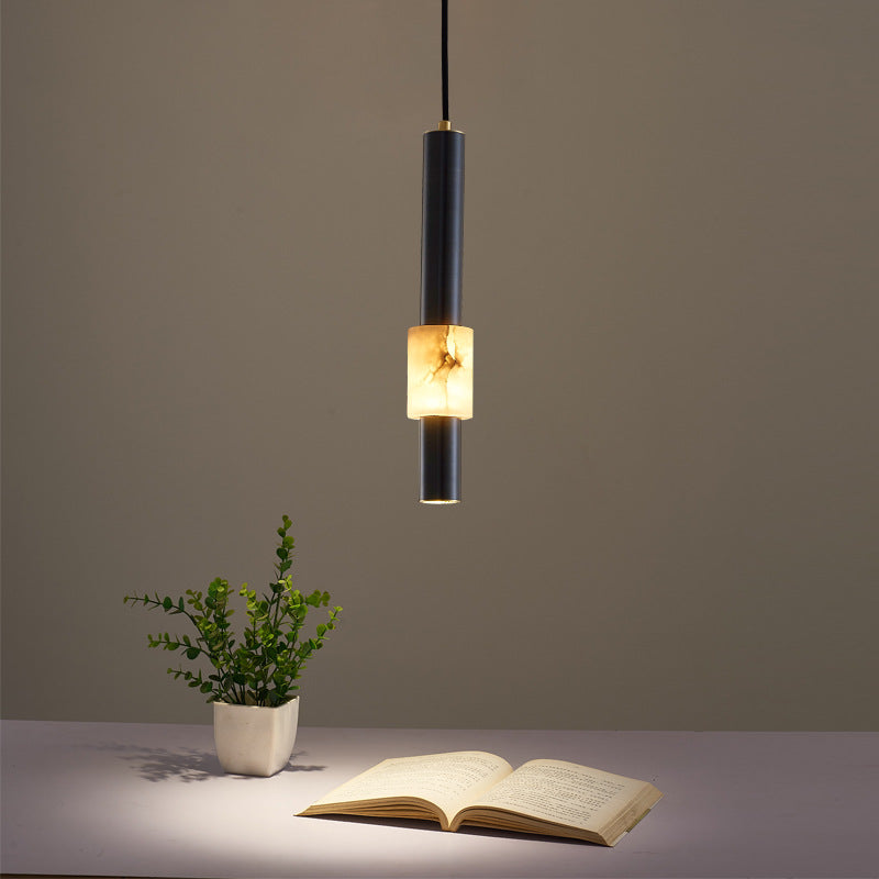 Lustre LED contemporain de luxe en cuivre à bande longue avec abat-jour en marbre pour salon 