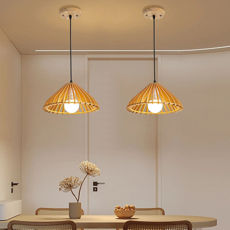Japanischer Wabi-Sabi Stil Walnuss Konisch Hohl 1-Licht Pendelleuchte 