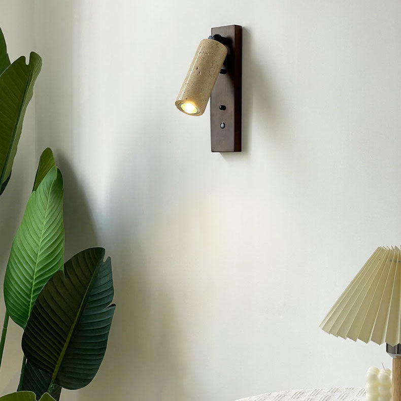 Traditional Japanese Cylinder Rectangle Solid Wood Iron Yellow Travertine 1-Light Wall Sconce Lamp For Bedroom