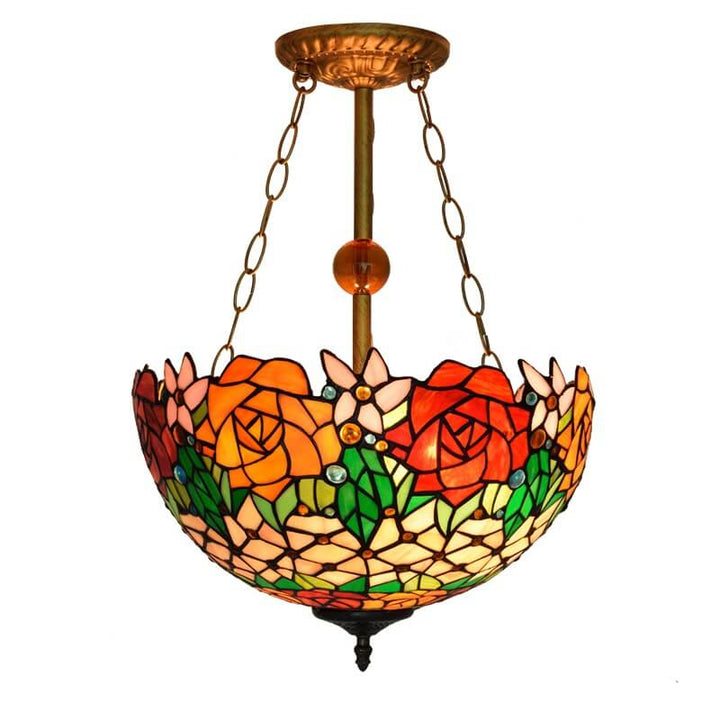Suspension Luminaire à 3 Lumières en Verre Tiffany Creatif avec Motif de Rose 