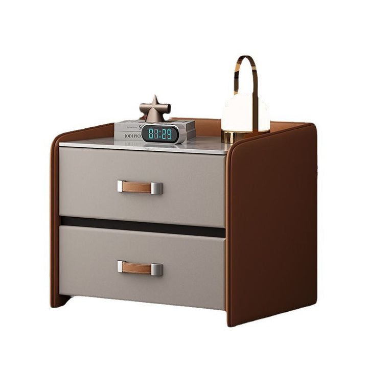 Modern Simplicity Rectangular Slab Saddle-Style Faux Leather Wood Nightstand 2-Drawer For Bedside