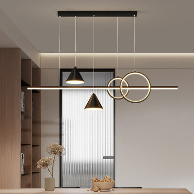 Moderne minimalistische Streifen Kegel Kreis Eisen Acryl LED Kronleuchter Insel Licht für Esszimmer 