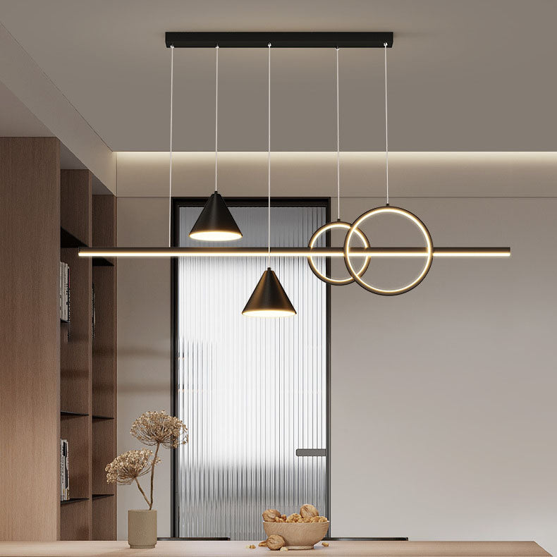Moderne minimalistische Streifen Kegel Kreis Eisen Acryl LED Kronleuchter Insel Licht für Esszimmer 