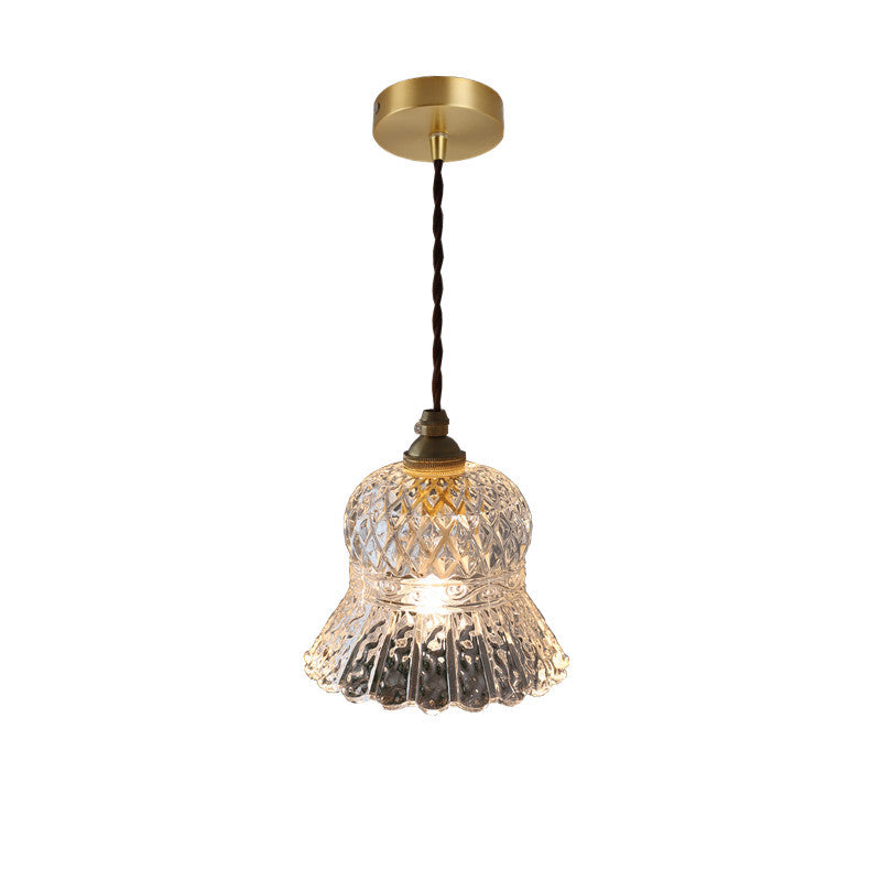 Lámpara colgante de 1 luz con forma de flor de vidrio a cuadros de latón francés tradicional para sala de estar 