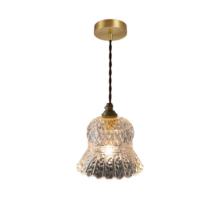 Lámpara colgante de 1 luz con forma de flor de vidrio a cuadros de latón francés tradicional para sala de estar 