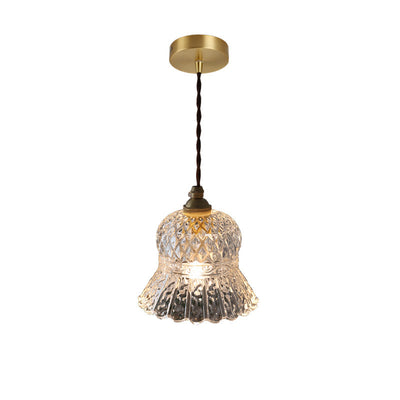 Traditionelle französische Pendelleuchte in Blumenform aus Messing mit kariertem Glas und 1 Licht für das Wohnzimmer 