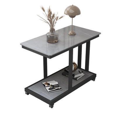 Table d'extrémité en acier rectangulaire à dalle de simplicité moderne à 2 niveaux, mobile pour salon 