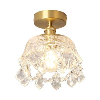 Modern Art Deco Brass Frame Crystal Round Glass Shade 1-Light Semi-Flush Mount Ceiling Light For Living Room