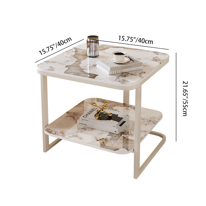 Modern Minimalist Square Sintered Stone Carbon Steel Side Table 2-Tier For Living Room