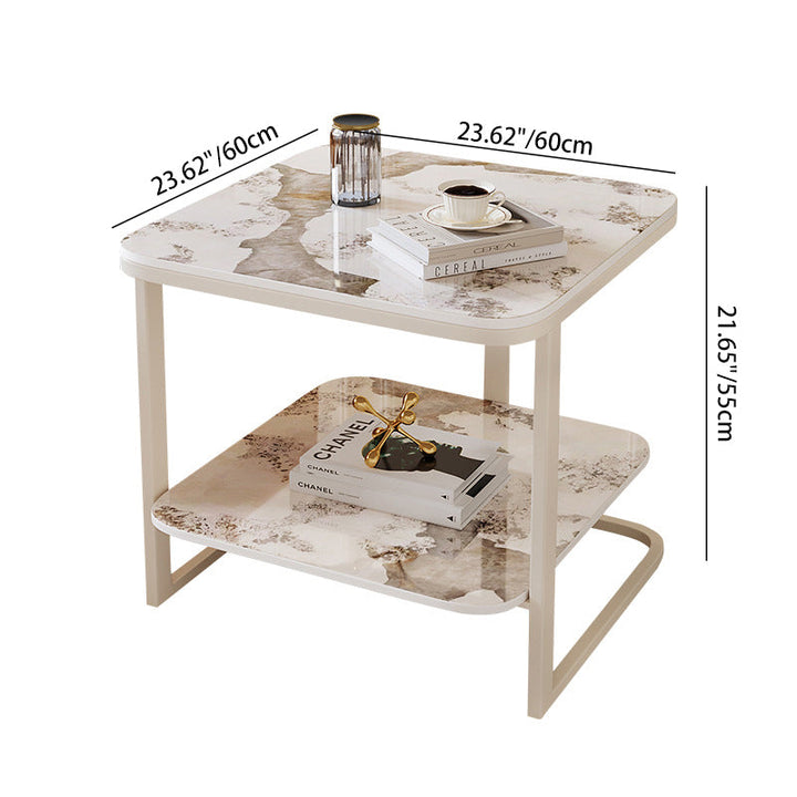 Modern Minimalist Square Sintered Stone Carbon Steel Side Table 2-Tier For Living Room