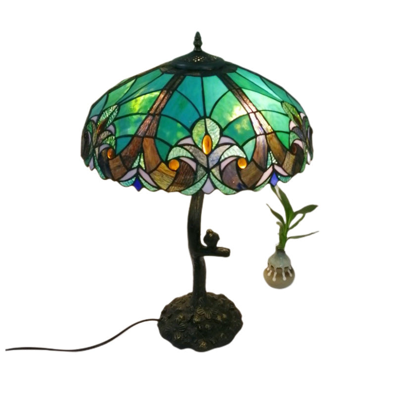 Traditional Tiffany Flower Stained Glass Resin Base 2-Light Table Lamp For Living Room