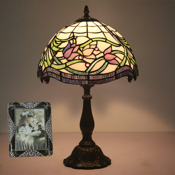 Lámpara de Mesa de 1 Luz con Cúpula de Resina de Vidrio Tiffany Tulip Vintage 