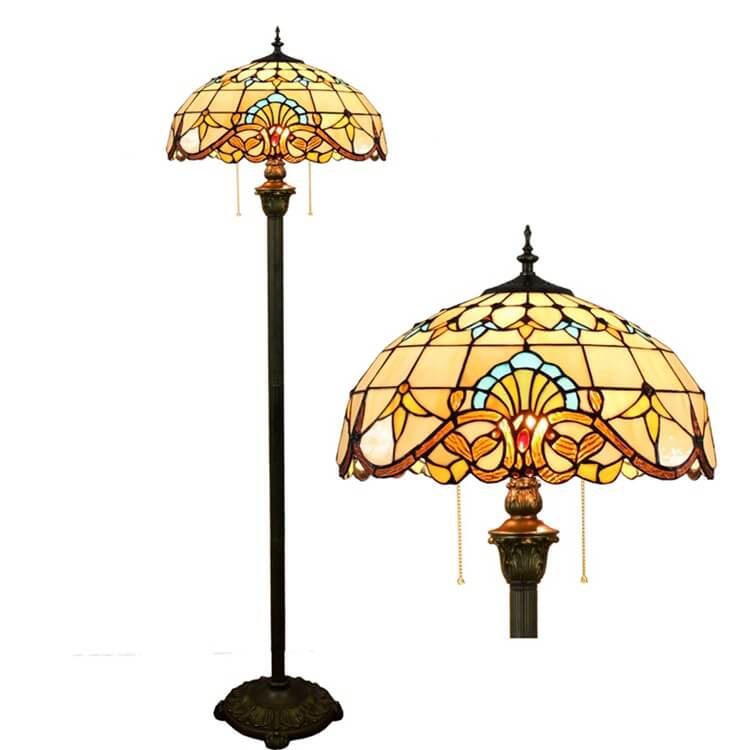 Traditional Tiffany Baroque Stained Resin Iron Glass Dome 2-Light Standing Floor Lamp For Living Room