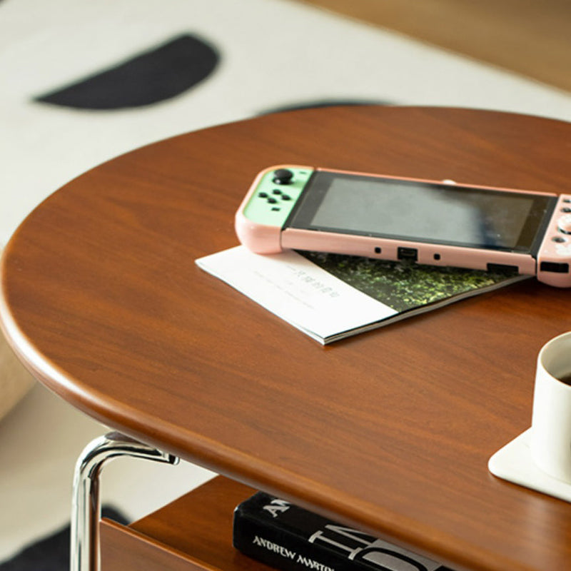 Table basse contemporaine rétro elliptique en bois de pin, bois de cerisier et acier inoxydable à 2 niveaux pour le salon 