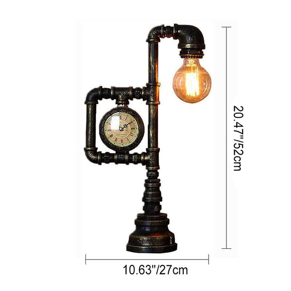 Lampe de table 1 lumière avec horloge industrielle vintage en fer et plomberie 