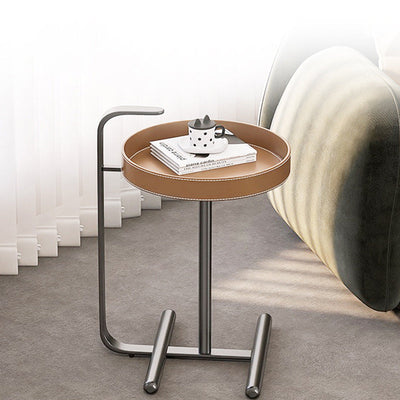 Table d'appoint ronde moderne minimaliste en cuir et acier inoxydable pour salon 