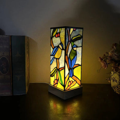Modern Art Deco Rectangular Bamboo Wood Glass LED Table Lamp For Bedroom