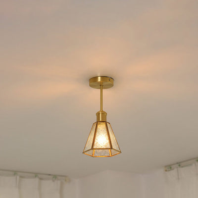French Vintage Copper Gold Finish Frame Polygonal Glass 1-Light Semi-Flush Mount Ceiling Light