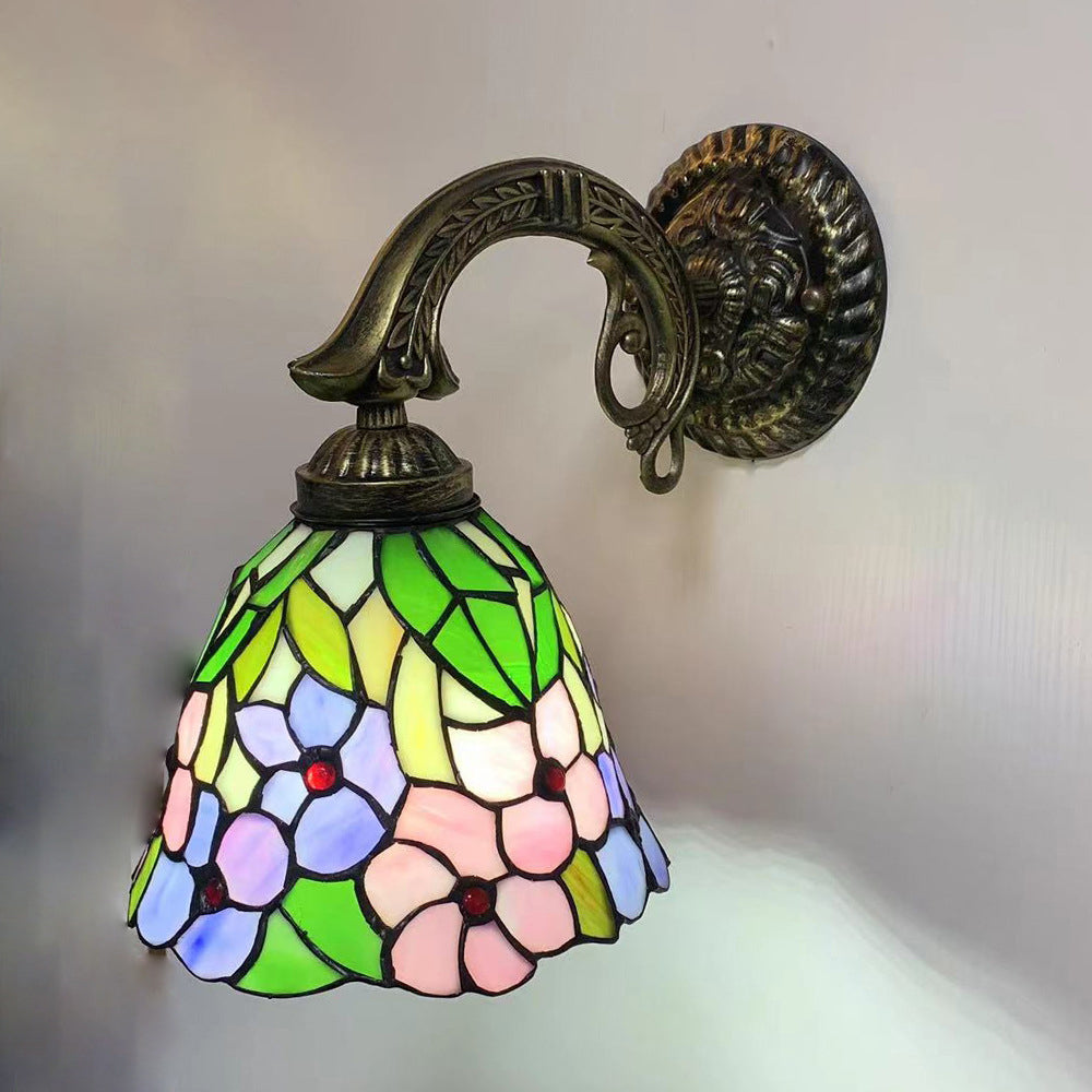 Applique murale en alliage de zinc avec verre teinté Tiffany Flower Cup traditionnelle 1 lumière pour chambre à coucher 