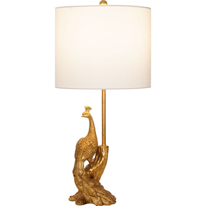Traditional Vintage Cylindrical Peacock Resin Gold Foil Fabric 1-Light Table Lamp For Bedroom