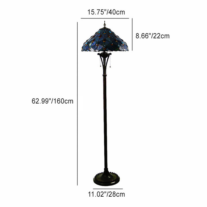 Lampe de sol traditionnelle Tiffany en résine avec dôme semi-circulaire en verre, motif de vache et fleur en diamant à 2 lumières pour salle à manger 
