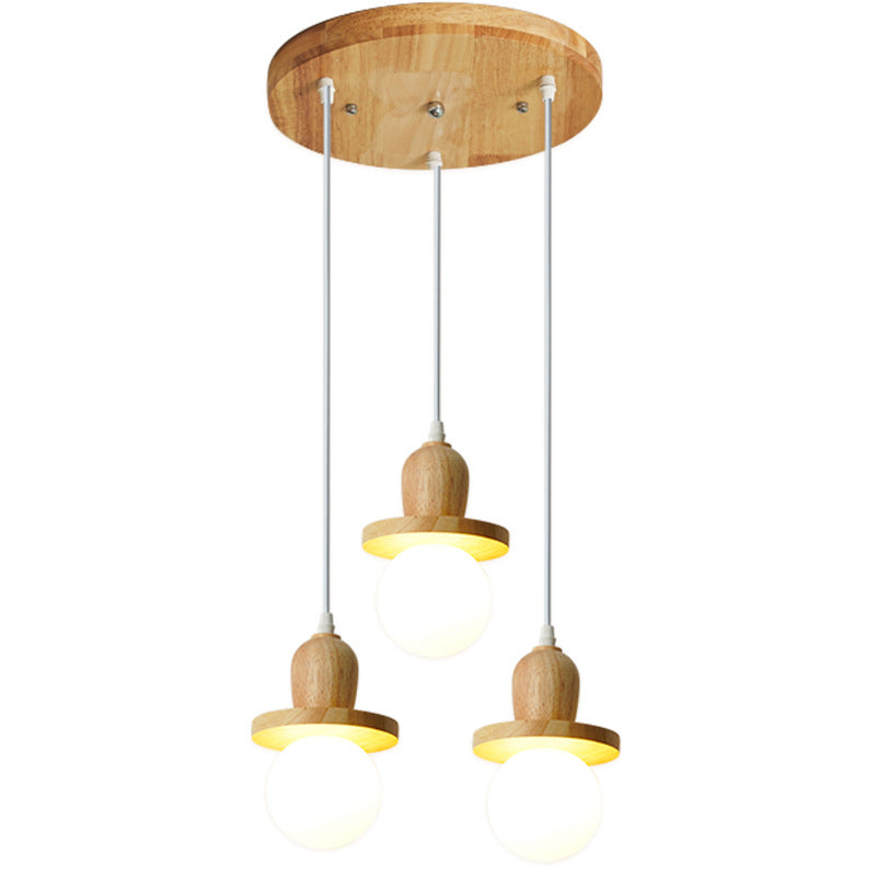 Lámpara de araña de isla de 1/3/5 luces con pantalla de vidrio de globo y marco lineal de madera tradicional japonesa para sala de estar 