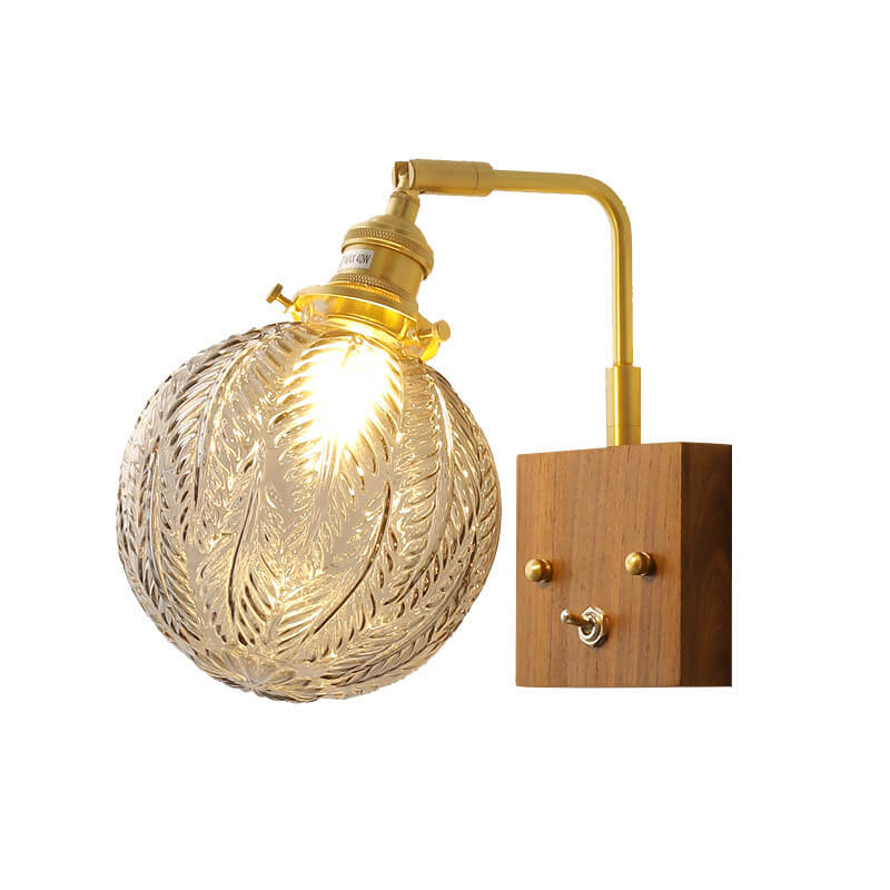Traditionelle japanische Wandleuchte mit strukturierter Glaskugel, Holz und Messing, 1-flammig, für Wohnzimmer und Schlafzimmer 