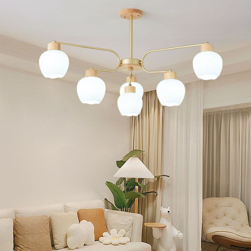 Moderne minimalistische gebogene Stange weiße Glockenblume Hardware Holz Glas 6/10 Licht Kronleuchter für Wohnzimmer 