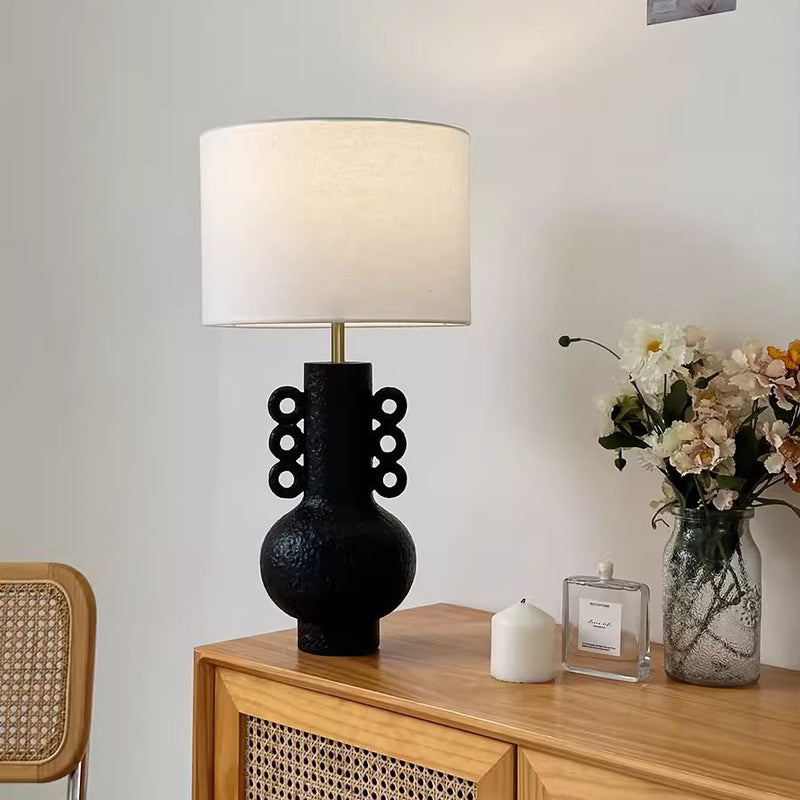 Lampe de table à 1 lumière avec base en résine et pichet en tissu à tambour japonais traditionnel pour chambre à coucher 