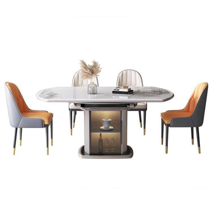 Contemporary Nordic Elliptical Rock Slab Oak Wood Glass Dining Table &amp; Chair Set For 4 Seats