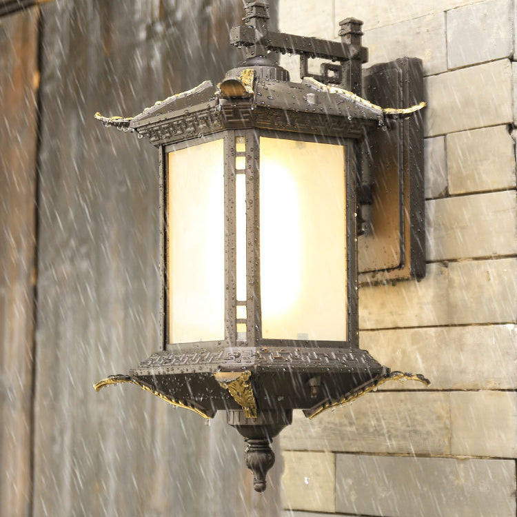 Traditionelle chinesische Aluminium rechteckige Turm 1-Licht Outdoor Wandleuchte Lampe für Garten 