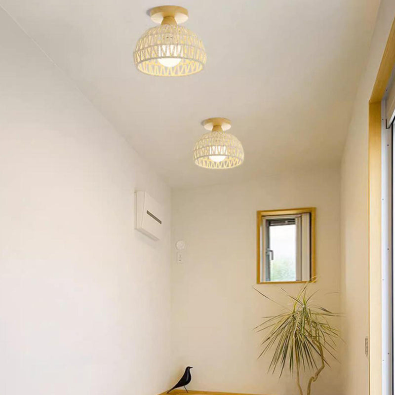 Traditional Japanese Rattan Art Round 1-Light Semi-Flush Mount Ceiling Light For Entryway